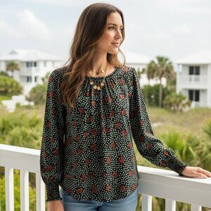 Loft PM Women's Black Floral Lace Trim Smocked Top Petite Boho Coquette Cottage